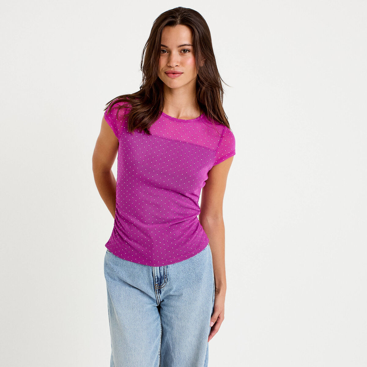 Top ajust&eacute; col rond manches courtes rose fushia femme