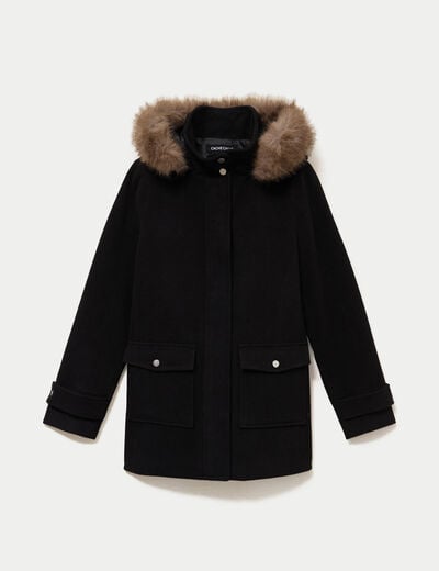 Manteau mi-long &agrave; capuche noir femme