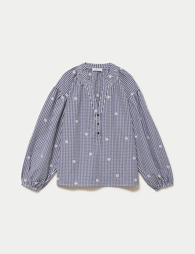 Blouse vichy brod&eacute;e bleu femme
