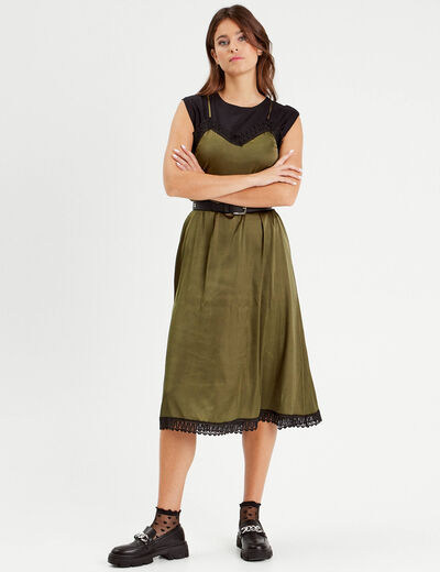 Robe midi évasée satin vert kaki femme