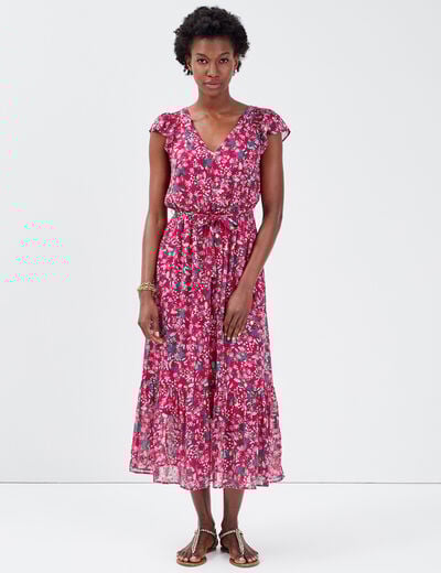 Robe longue évasée ceinturée violet femme