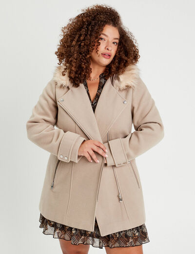 Manteau droit avec capuche beige femme