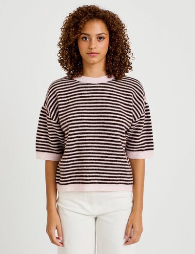 Pull ample duveteux manches courtes rose clair femme