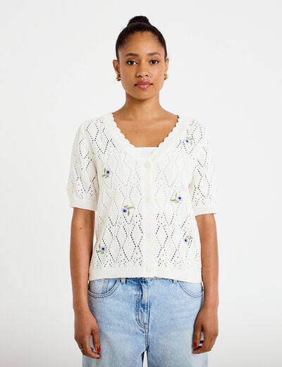 Gilet col v manches courtes brod&eacute; ecru femme