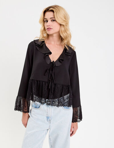 Blouse col V en dentelle noir femme