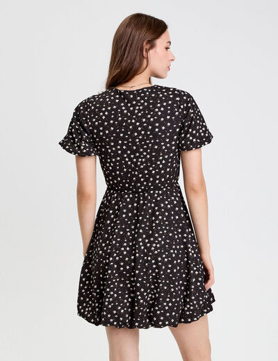 Robe courte évasée col v manches courtes noir femme