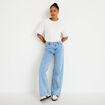Jean wide leg taille haute brod&eacute; bleu femme
