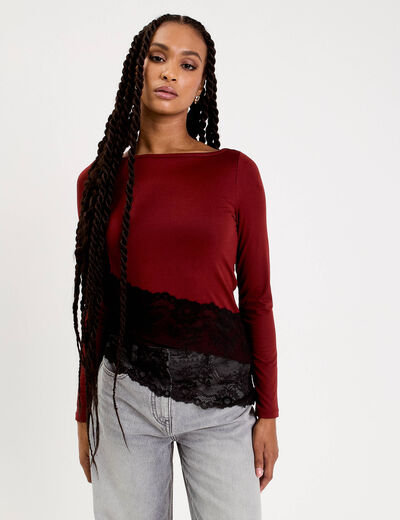 Top ajust&eacute; manches longues orange fonc&eacute; femme