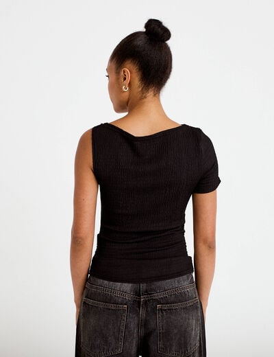 Top one shoulder pliss&eacute; manches courtes noir femme
