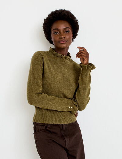 Pull ajust&eacute; col montant manches longues vert kaki femme