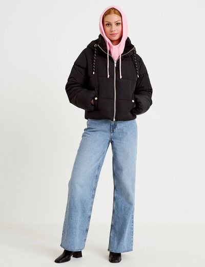 Doudoune droite cropped &agrave; capuche noir femme