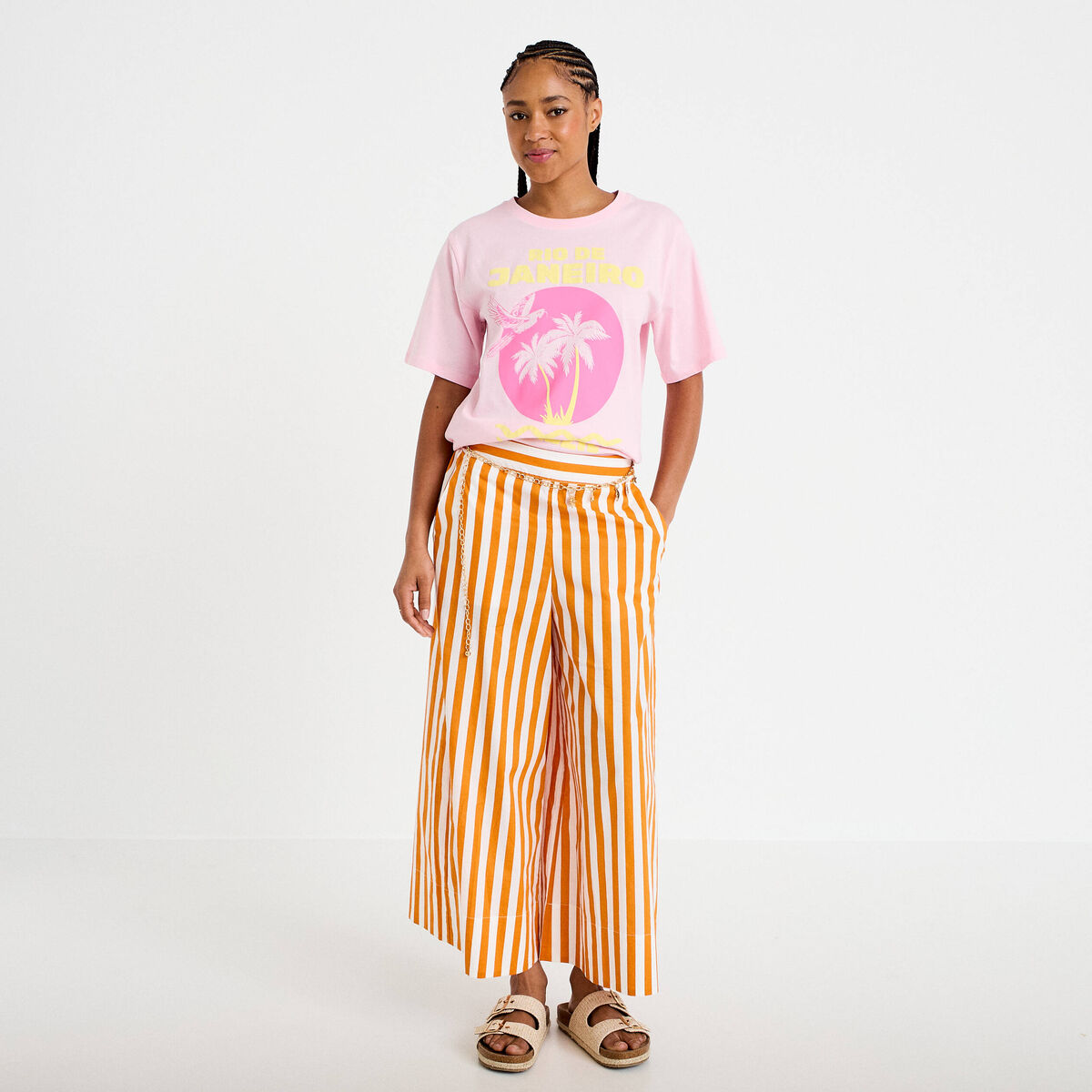 Pantalon jupe-culotte orange fluo femme