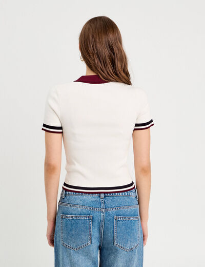 Pull manches courtes col polo ecru femme