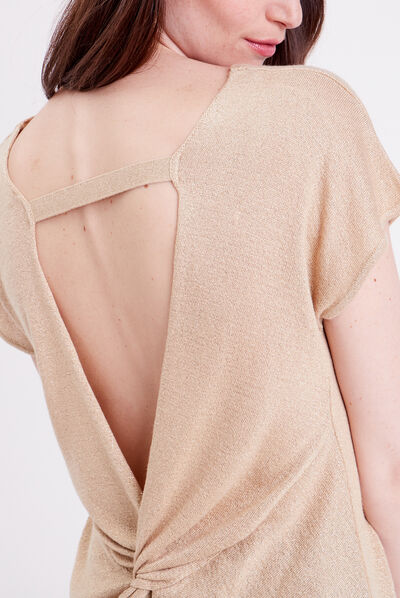 Pull col en V dos ouvert sable femme