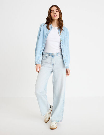 Jeans wide leg taille haute denim bleach femme