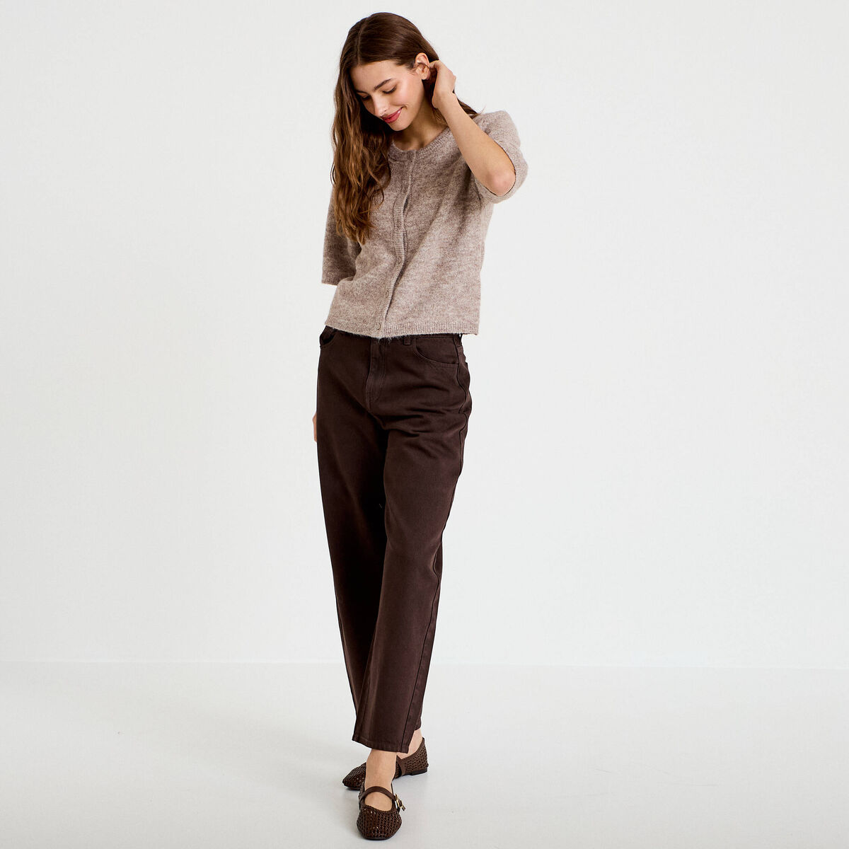 Jean barrel taille standard marron fonc&eacute; femme