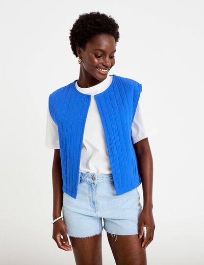 Gilet barman ample cropped pliss&eacute; bleu electrique femme
