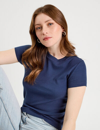 T-shirt manches courtes côtelé bleu foncé femme