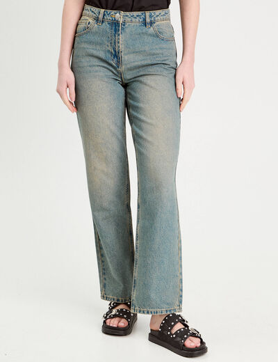 Jeans droit bride arrière denim bleach femme