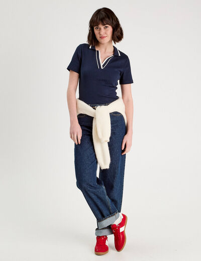 Polo côtelé manches courtes bleu marine femme