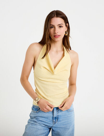 Top ajust&eacute; sans manches col b&eacute;nitier jaune pastel femme