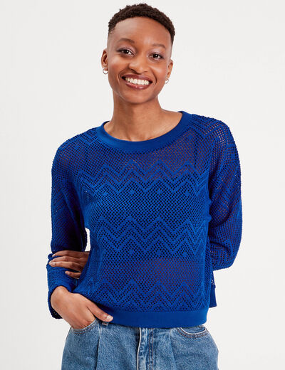 Sweat ajouré manches longues bleu electrique femme