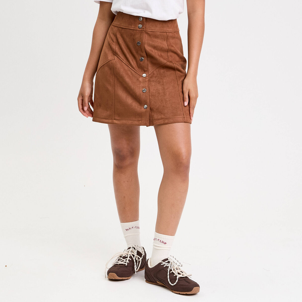 Jupe trap&egrave;ze courte aspect daim marron femme
