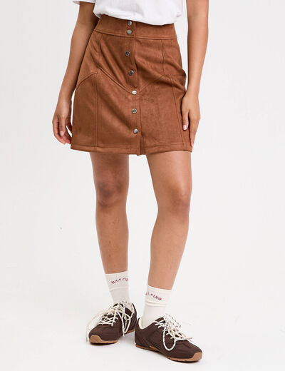 Jupe trap&egrave;ze courte aspect daim marron femme