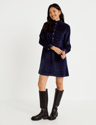 Robe &eacute;vas&eacute;e velours col montant bleu marine femme