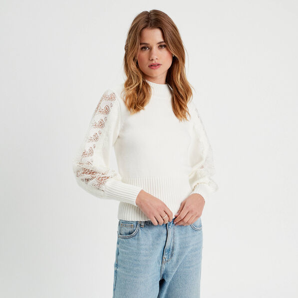 Pull manches longues dentelle ecru femme
