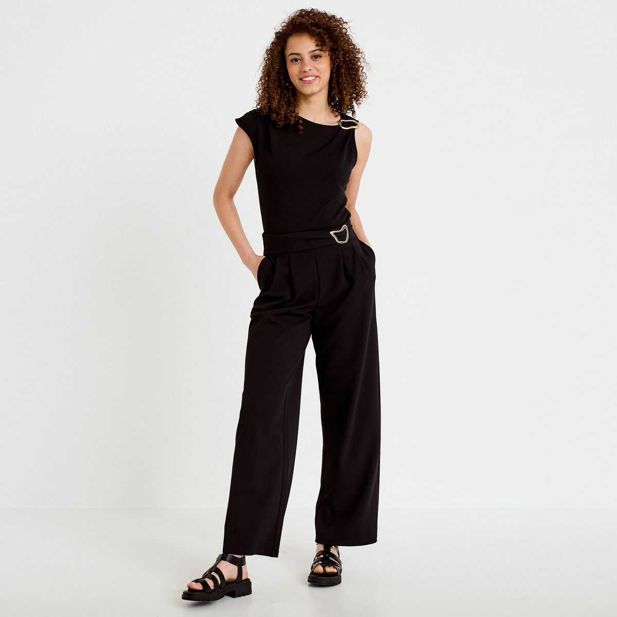 Pantalon bootcut avec ceinture noir femme