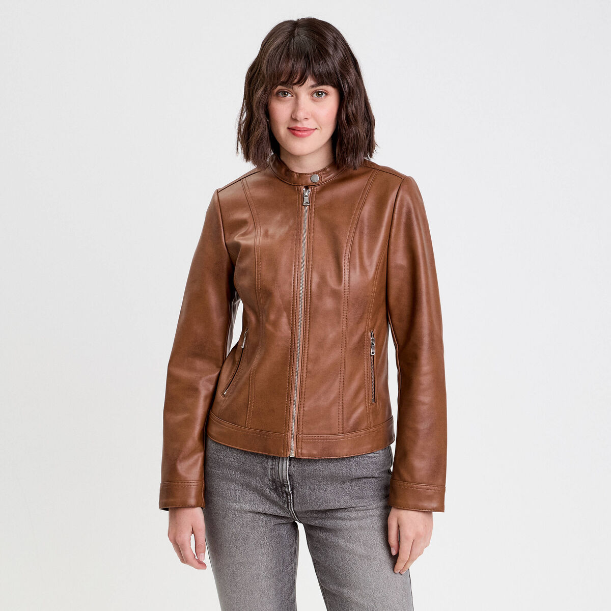 Veste droite zipp&eacute;e beige femme