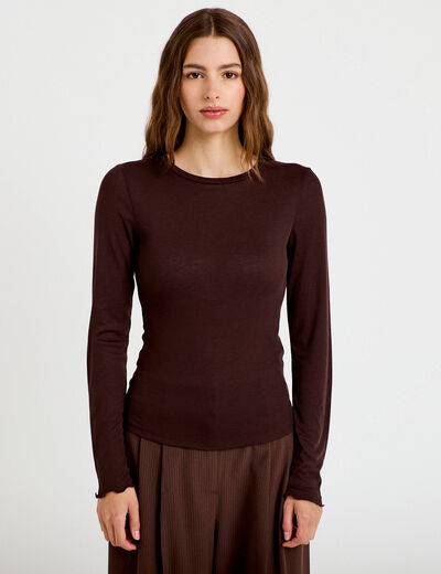 T-shirt ajust&eacute; col rond manches longues marron fonc&eacute; femme