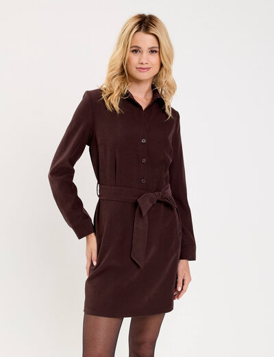 Robe droite courte col chemise daim marron foncé femme