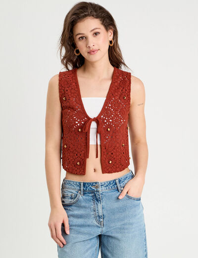 Gilet noué effet crochet marron cognac femme