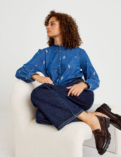 Chemise droite en jean col montant blanc femme