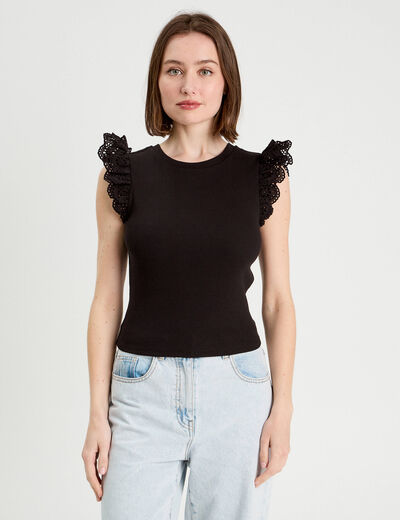 Débardeur volants brodés noir femme