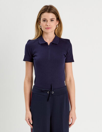 Polo manches courtes zippé bleu marine femme