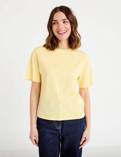 T-shirt col rond manches courtes jaune clair femme