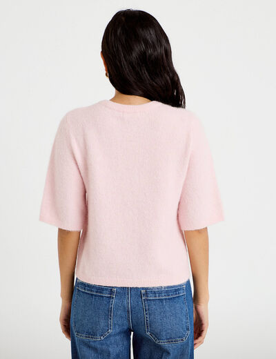 Gilet duveteux manches 3/4 rose clair femme