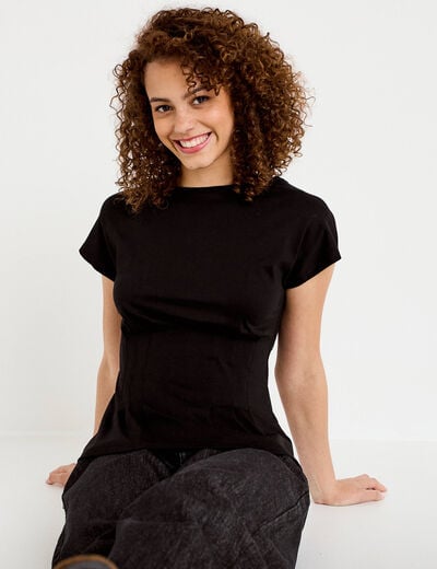 T-shirt cintr&eacute; col rond manches courtes noir femme