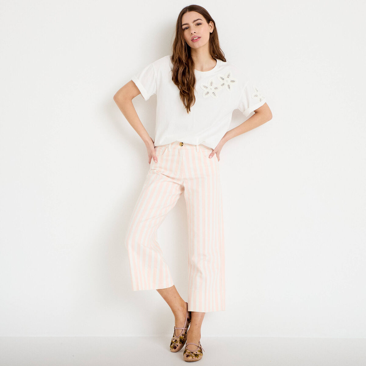 Jean wide leg cropped taille haute blanc femme