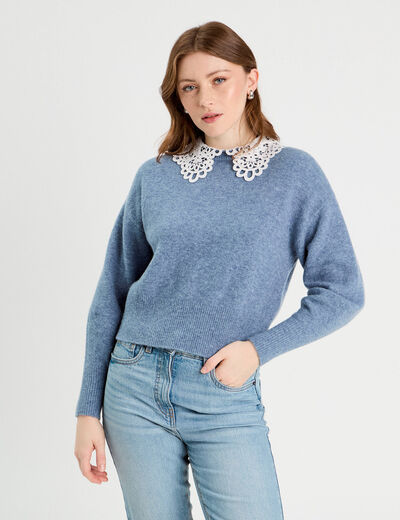 Pull col claudine dentelle bleu femme