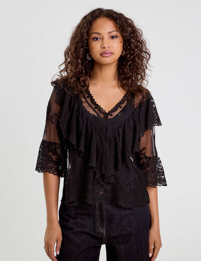 Blouse manches 3/4 dentelle noir femme
