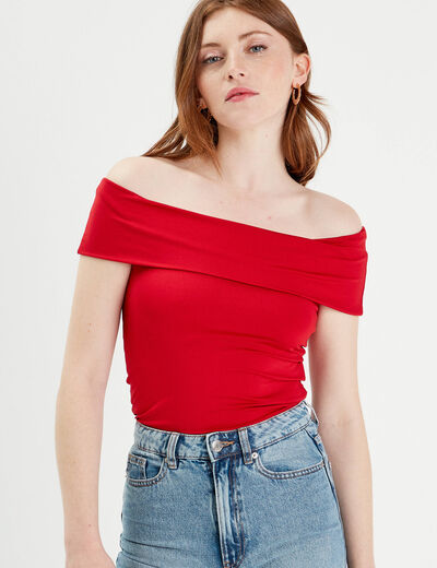 T-shirt col bardot rouge femme