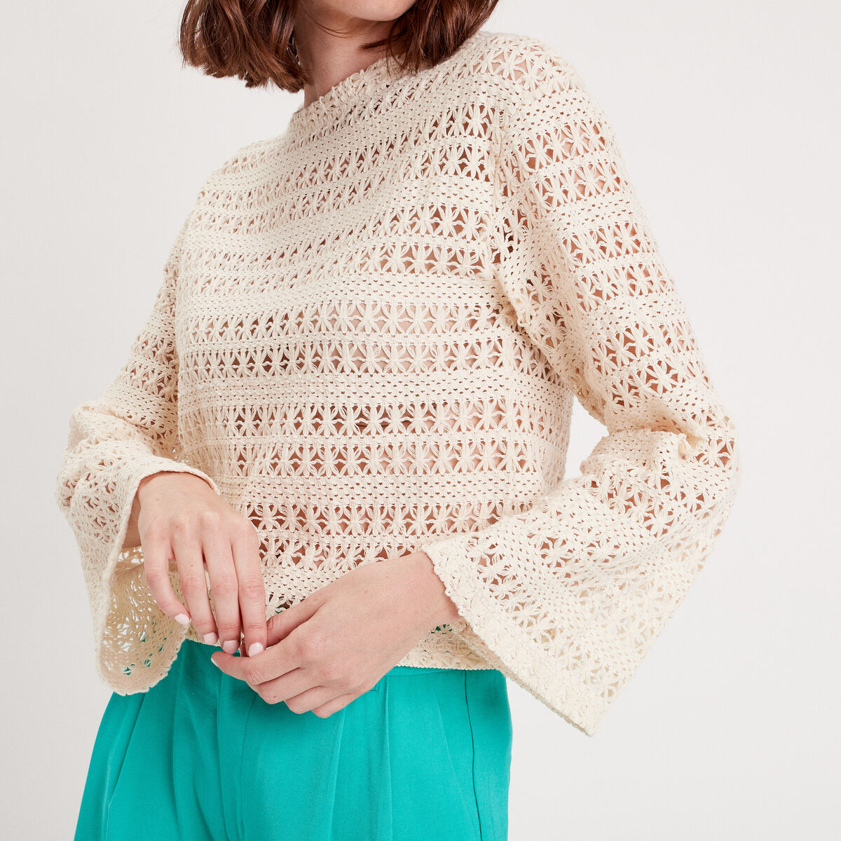 T-shirt crochet manches pagode ecru femme
