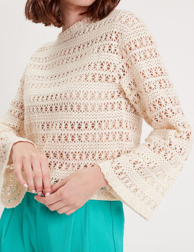 T-shirt crochet manches pagode ecru femme