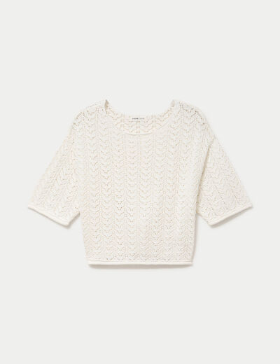 Pull ajour&eacute; aspect dentelle col rond ecru femme