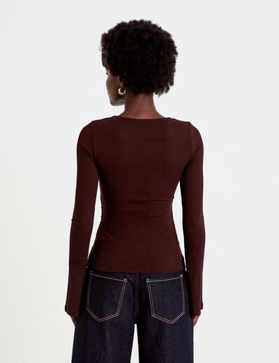 T-shirt ajust&eacute; col rond manches longues marron fonc&eacute; femme