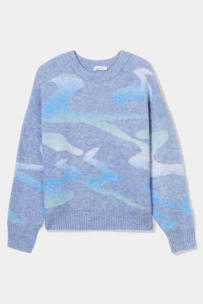 Pull manches longues col rond bleu pastel femme